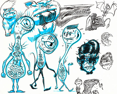 Multiple illustrations of different creatures in black ink and highlighted with blue highlighter