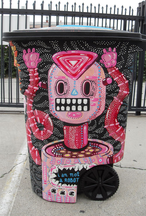 Drawing on a trash can.
