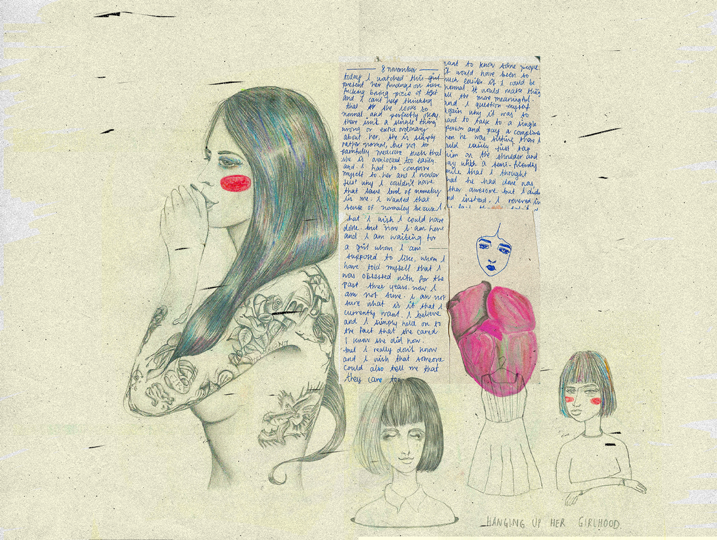rainbow hair, tattoos, womanhood, doodles, diary