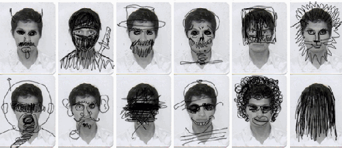 Animated GIF of photographed faces with doodles on them
