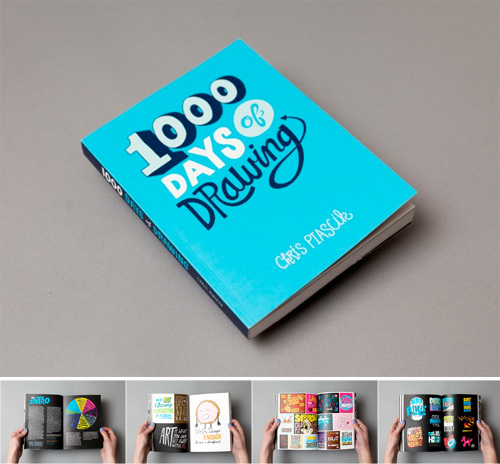 Compilation of photos showcasing various pages of the 1000 days of drawing book