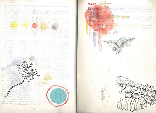 Image of two pages of a sketchbook with illustrations of a flower, leaves, and random bits of watercolor