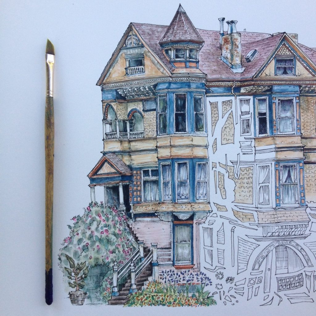 Painting of a house and a paintbrush.