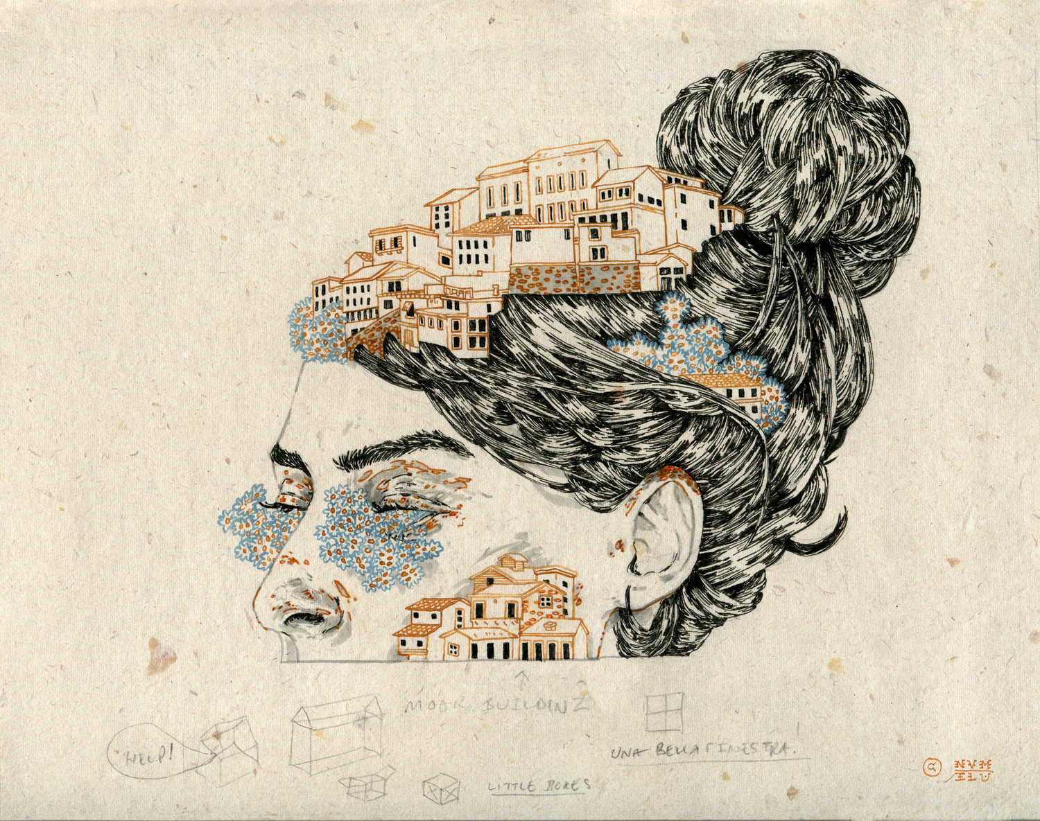 Sketch of a head with buildings on hair.