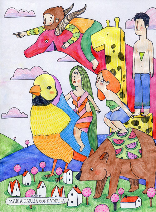Drawing of people and animals.