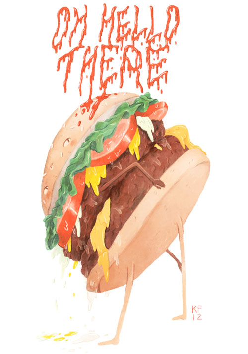 Illustration of a hamburger bending over with the words "oh hello there"