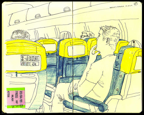 Drawing of people in an airplane.