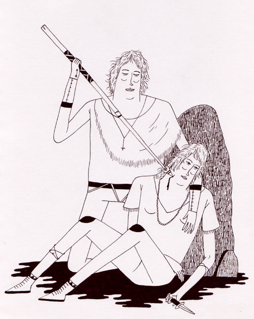 Illustration of a man inserting an arrow into another mans throat