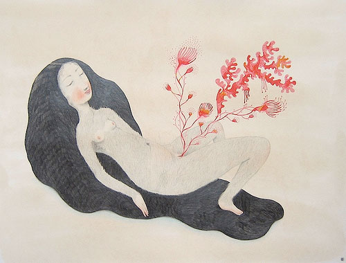 Drawing of a woman and red plant.