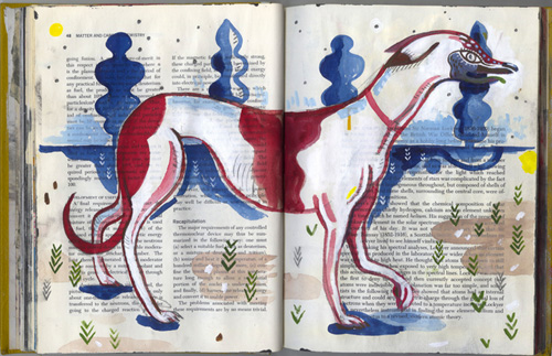 Painting of a dog across book pages