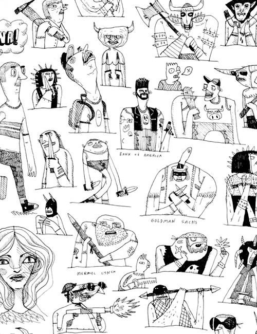 Sketchbook page showing dozens of hand-drawn characters