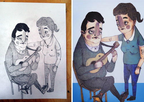 Two illustrations side by side showing the same scene, a man and woman looking into each other's eyes. One is black and white and the other is colored in.
