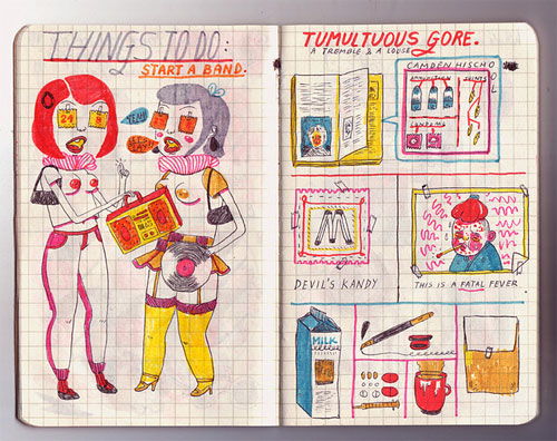 Colorful sketchbook spread of random doodles