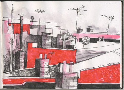 Illustration of rooftops of multiple buildings in red