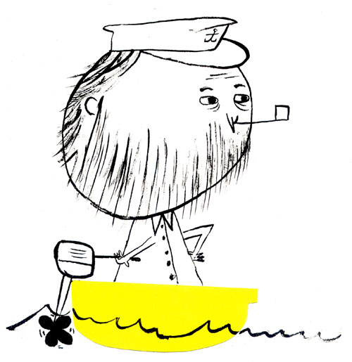 Drawing of a sailor in a yellow boat smoking a pipe