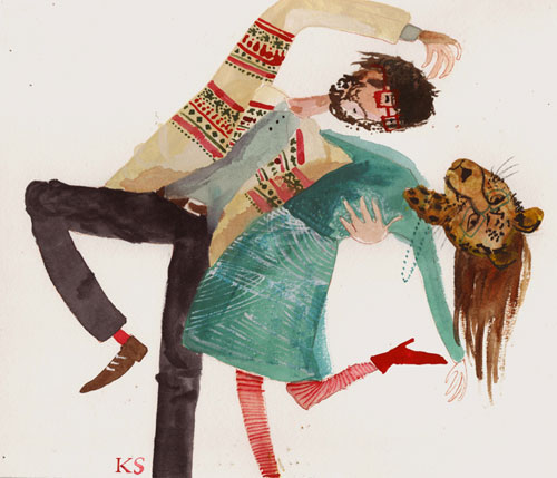 Illustration of a man dancing with a woman who has a leopard face