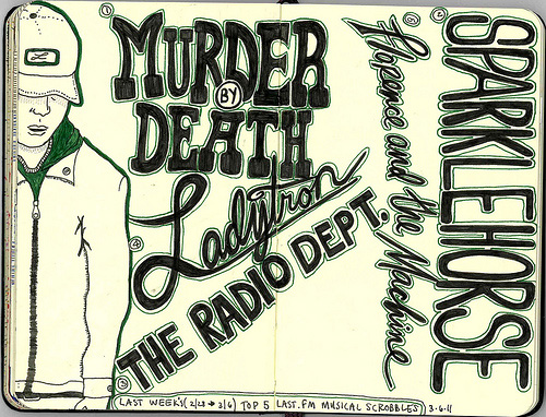 Sketchbook pages that show a man in a hat and text that reads "Murder by Death"