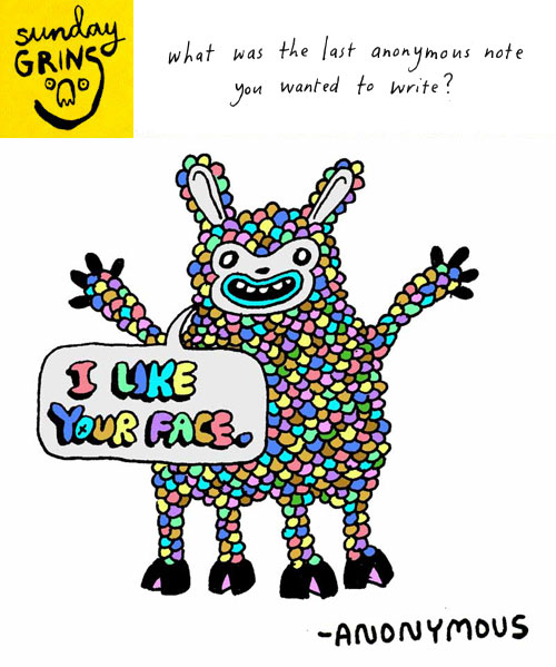 Illustration of a multicolored creature with its hands in the air and the text "I like your face"