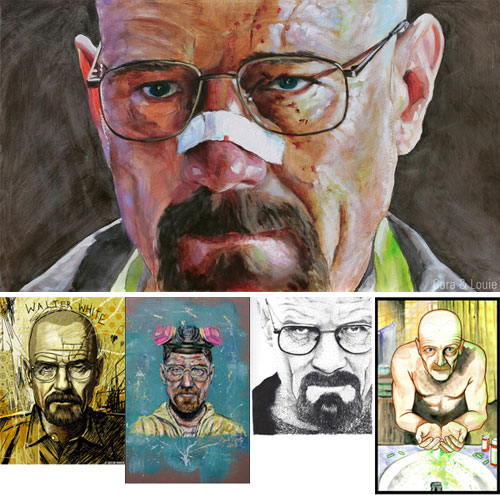 Compilation of five different artist renditions of Walter White