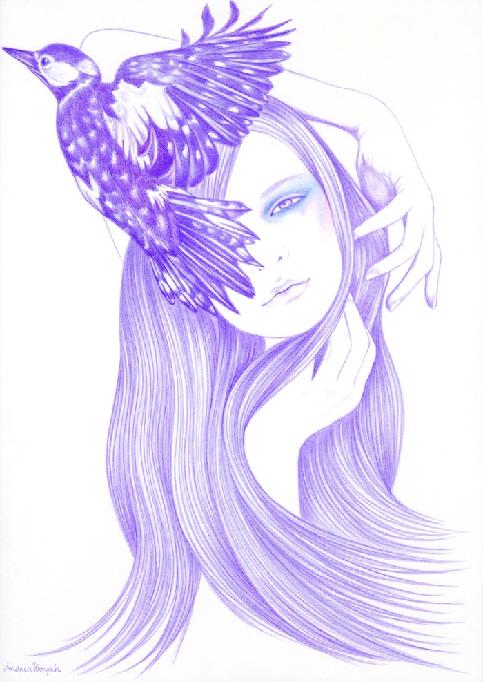 Purple sketch of a girl and a bird.