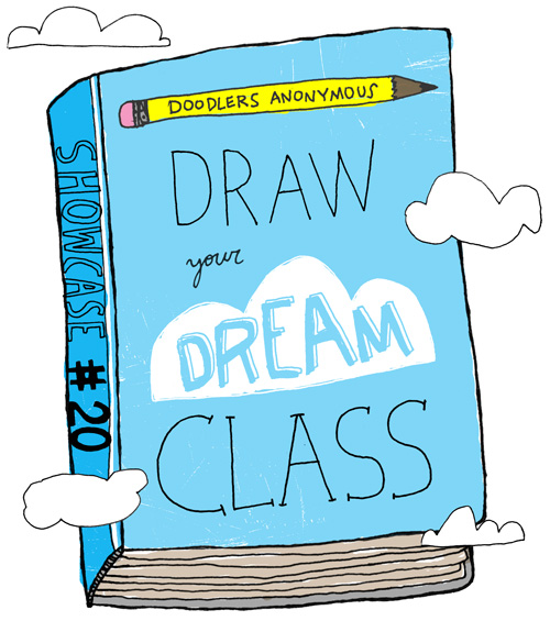 Illustration of a blue book that says "Draw your dream class"