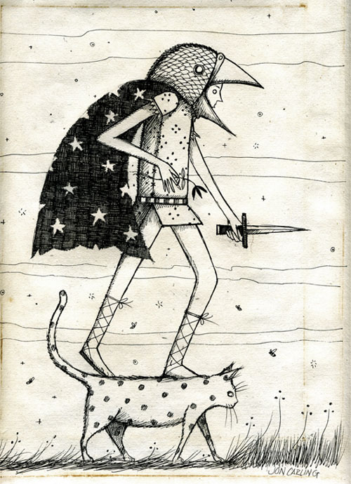 Illustration of a boy dressed in a cape and a bird shaped helmet, holding a sword, while standing on a cat