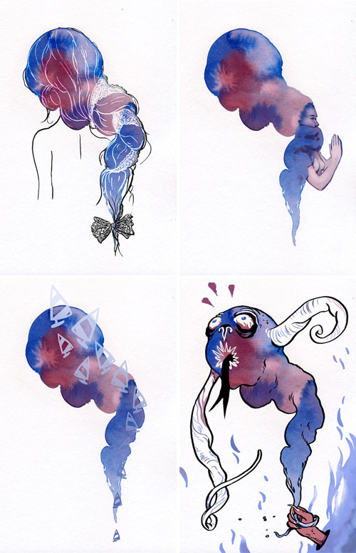 Various renditions of a watercolor blob made into different images