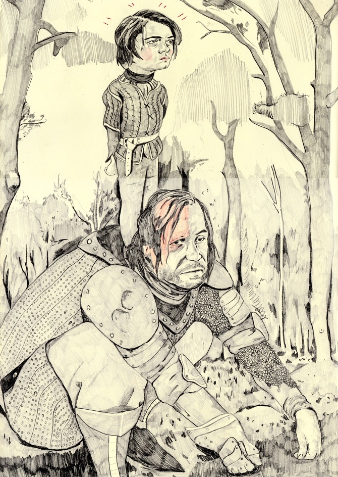 Sketch of two men in a forest.