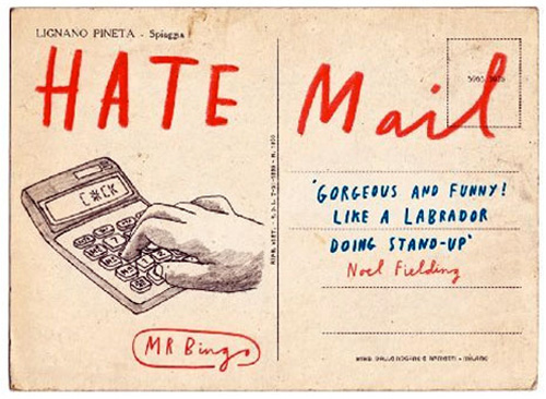 The back of a postcard with a drawing of a calculator and the words "hate mail"