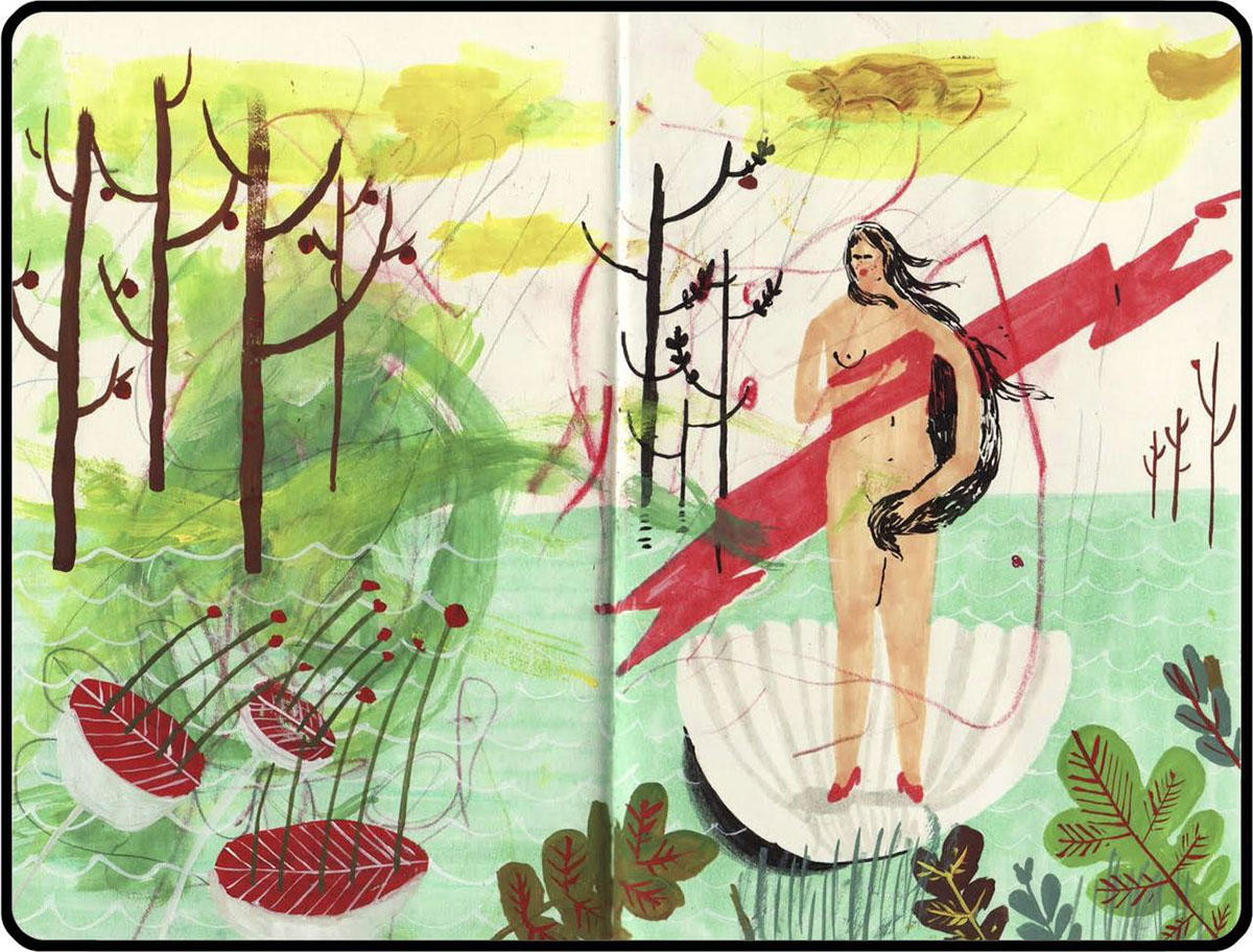 sketchbook paint doodle, woman painting, in the woods, patterns sketch
