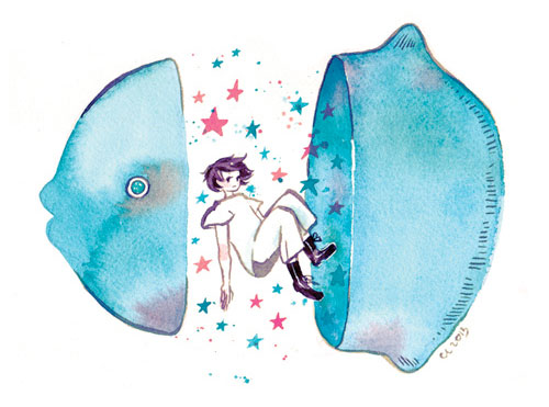 Watercoloring painting of a blue fish cut in half with a woman floating in stars in the space between the cuts