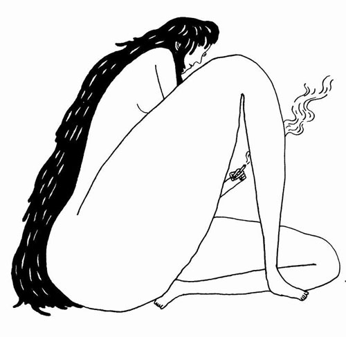 Illustration of a side profile of a woman with long black hair holding a cigarette