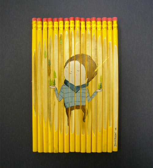 Drawing of a boy using pencils