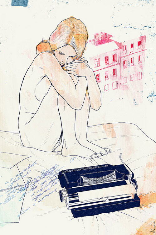 Illustration of a woman sitting on a bed next to a typewriter