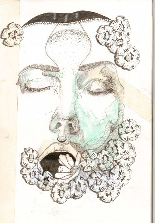 Illustration of a woman with her mouth open and flowers pouring out