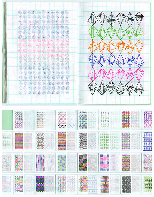 Collage of dozens of sketchbook spreads showing colorful patterns