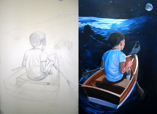 Painting of a boy on a boat
