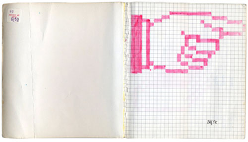Pink hand on graph paper.
