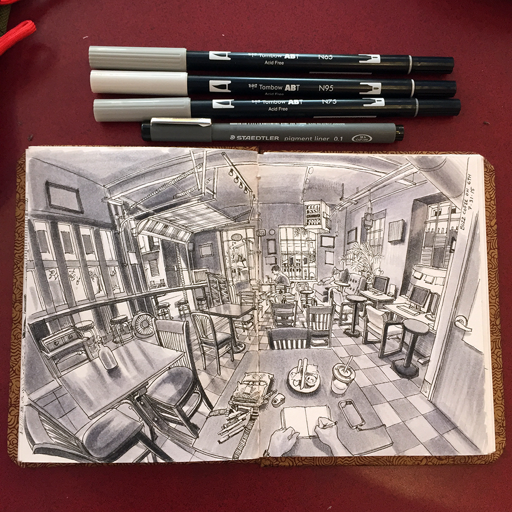 Sketch of a restaurant and pens.