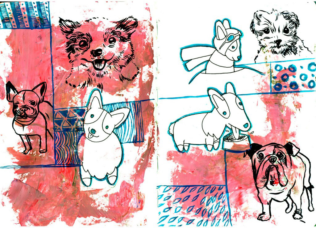 dogs, drawing, patterns, sketchbook, mixed media, pink, blue