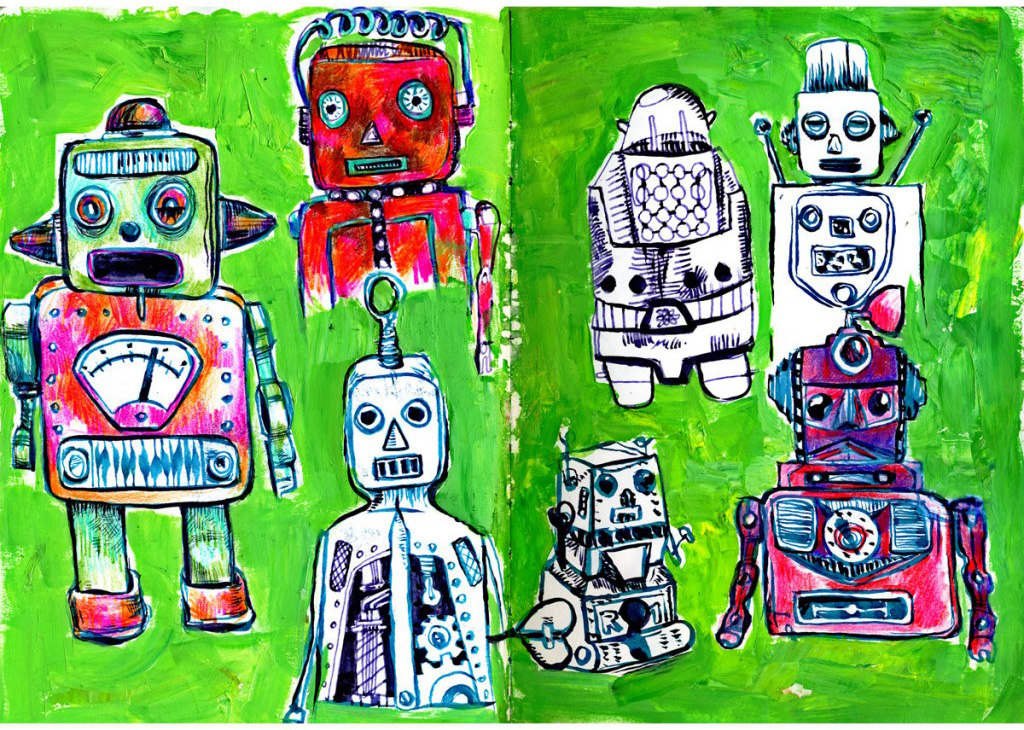 robots, colorful, acrylic, ink, multicolor