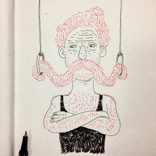 Drawing of a man with mustache being pulled up.