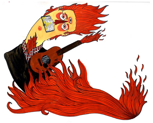 Quirky drawing of a man with red hair playing a guitar