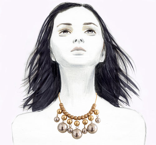 Illustration of a woman with black hair looking up with a digital overlay of a gold necklace