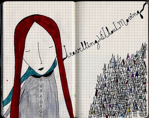 Drawing of a girl with red hair on a moleskin