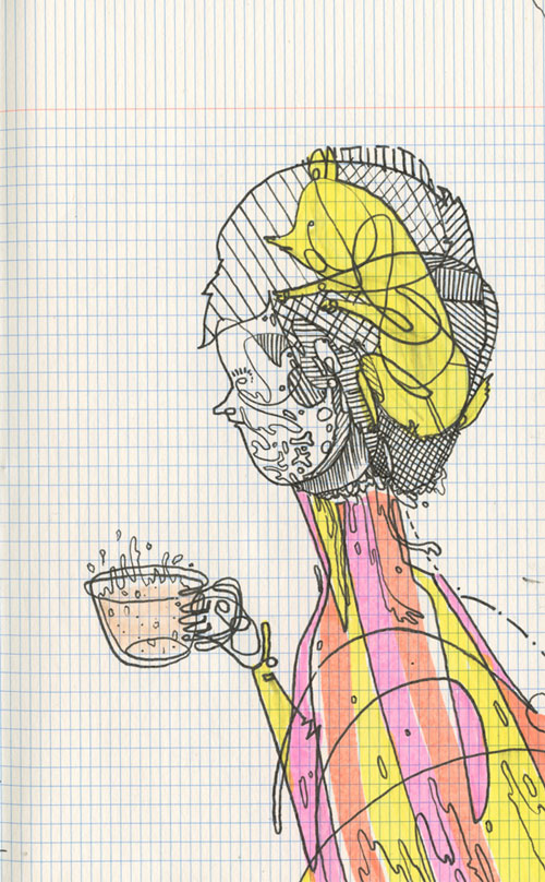 Line drawing of the side profile of a person holding a cup of coffee with a tiny creature in its head