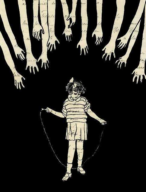 Several hands and a girl with jump rope.