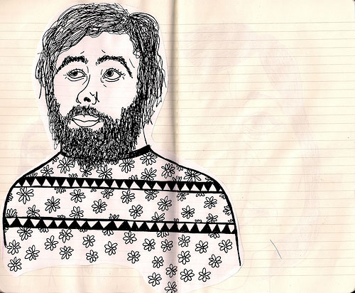 Sketch of a man in flower sweater.