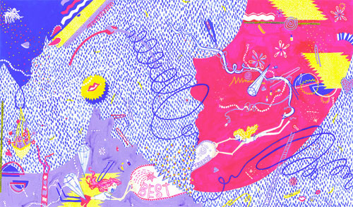 Abstract illustration using shades of purple, pink, and yellow
