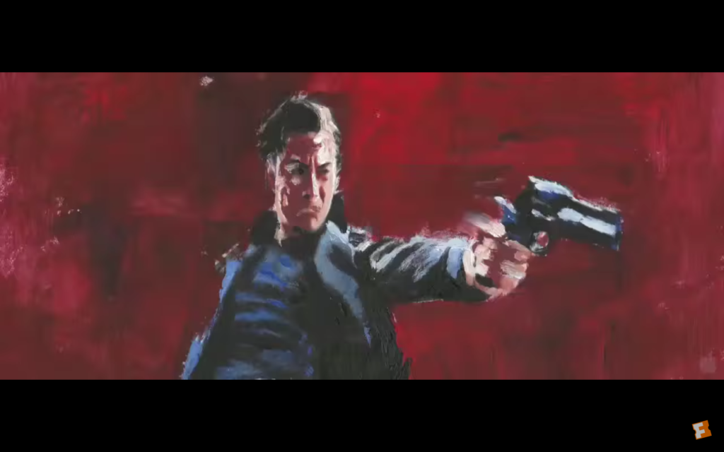 Still of the video animation showing a man pointing a gun